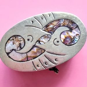 Vintage Alpaca Silver Abalone Hinged Pill Box